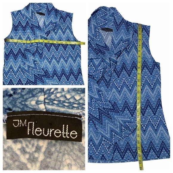 Jm Fleurette Multi-Tone Blue Chevron Print Sleeveless Tie Neck Sash Blouse - Picture 10 of 11